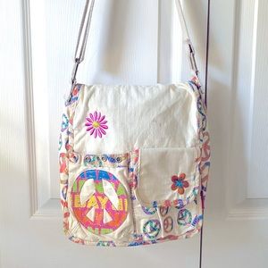 Union Bay Peace Sign Messenger Bag Adjustable Strap Tote Bag Cream Tie Dye